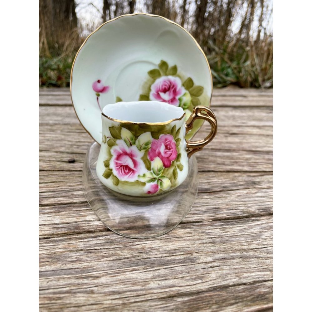 Vintage Lefton Heritage Rose Hand Painted Green Demitasse Cup Saucer